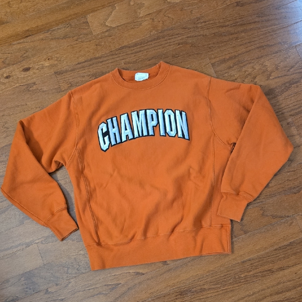 Vintage Champion Men's Reverse Weave Bold Orange Crewneck Sweater